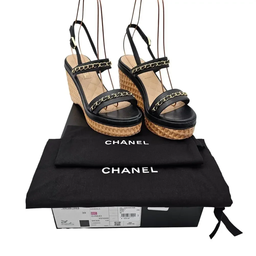 Chanel CC Chain Black Leather Platform Wedge Sandal Gold Brown Size 39 8 8.5